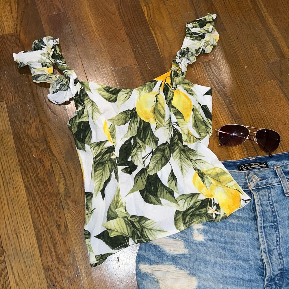 H&M Lemon Ruffle Smocked Back Flutter Sleeve Tank Top XS